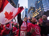 Toronto Raptors fans sing ‘O Canada’ outside the Scotiabank Arena before the team’s NBA finals debut against the Golden State Warriors, May 30, 2019.