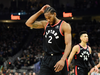 Toronto Raptors forward Kawhi Leonard’s expression as he walks off court at halftime shows what kind of night Game 2 was for his team.