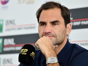 Switzerland's Roger Federer looks on during a press conference at the Italian Open tennis tournament, in Rome, Italy, Tuesday, May 14, 2019.