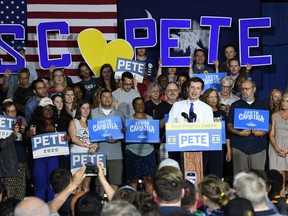 Democratic presidential contender Pete Buttigieg holds a town hall in North Charleston, South Carolina, on Sunday, May 5, 2019. Buttigieg says he's focusing on outreach to minorities, who make up most of the Democratic primary electorate in this early-voting state.