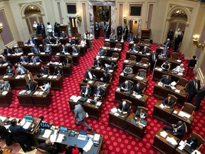 The Minnesota Senate discusses routine bills on Friday, May 17, 2019, in St. Paul Minn., as a Monday deadline looms with no agreement yet on a budget deal to finish the 2018 legislative session. Karnowski.