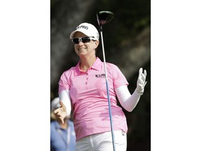 Karrie Webb of Australia, reacts to her shot on ther 15th tee during the second round of the U.S. Women's Open golf tournament, Friday, May 31, 2019, in Charleston, S.C.