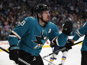 San Jose Sharks' Logan Couture (39) celebrates after scoring a goal against the St. Louis Blues in the first period in Game 1 of the NHL hockey Stanley Cup Western Conference finals in San Jose, Calif., on Saturday, May 11, 2019.