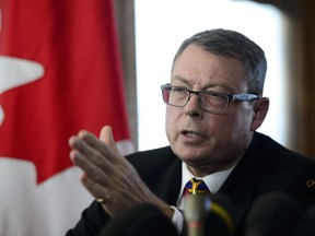 Vice Admiral Mark Norman reacts during a press conference in Ottawa on Wednesday, May 8, 2019. The charges against Norman were dropped.