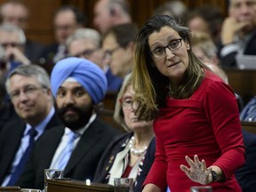 Minister of Foreign Affairs Chrystia Freeland stands during question period in the House of Commons on Parliament Hill in Ottawa on Monday, May 13, 2019.