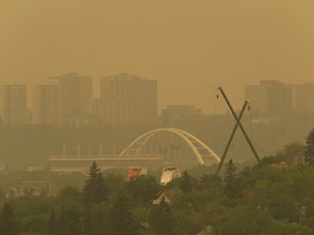 A view from Forest Heights Park of Edmonton as forest fire smoke leads to an air quality warning on May 30, 2019.