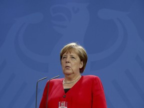 German Chancellor Angela Merkel speaks during a joint statement prior to a meeting with the president of Costa Rica, Carlos Alvarado Quesada, at the Chancellery in Berlin, Germany, Monday, May 27, 2019.