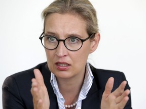In this Tuesday, May 7, 2019 photo Alice Weidel, co-faction leader of the Alternative for Germany party (AfD) at the German federal parliament, Bundestag, attends an AP interview in Berlin, Germany.