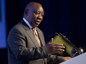 South Africa President Cyril Ramaphosa speaks after the Independent Electoral Commission announced the final results in South Africa's general election in Pretoria.