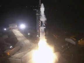 The SpaceX Falcon rocket carrying a load of supplies lifts off from Cape Canaveral, Florida.