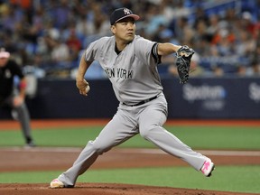 New York Yankees starter Masahiro Tanaka pitches against the Tampa Bay Rays during the first inning of a baseball game Sunday, May 12, 2019, in St. Petersburg, Fla.