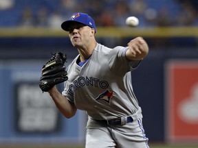 Toronto Blue Jays starting pitcher Clayton Richard delivers to the Tampa Bay Rays during the first inning of a baseball game, Tuesday, May 28, 2019, in St. Petersburg, Fla.