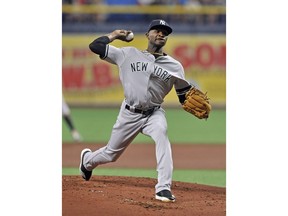 New York Yankees starter Domingo German pitches to a Tampa Bay Rays batter during the first inning of a baseball game Friday, May 10, 2019, in St. Petersburg, Fla.