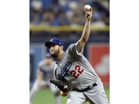 Los Angeles Dodgers' Clayton Kershaw pitches to the Tampa Bay Rays during the first inning of a baseball game Tuesday, May 21, 2019, in St. Petersburg, Fla.