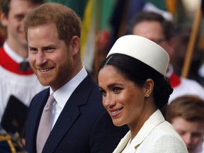 FILE - In this Monday, March 11, 2019 file photo, Britain's Prince Harry and Meghan, the Duchess of Sussex leave after the Commonwealth Service at Westminster Abbey in London. Buckingham Palace said Monday May 6, 2019, that Prince Harry's wife Meghan has gone into labor with their first child.