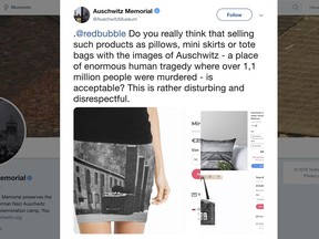 A screen grab made Wednesday May 8, 2019 of the Auschwitz Memorial website where they comment on the sale of Auschwitz related products on the site of an online vendor. Museum authorities at the Auschwitz-Birkenau former Nazi German death camp in Poland have protested to an online vendor that was selling miniskirts, pillows and other items bearing photos of the camp, where some 1.1 million people were killed during World War II. (Photo via AP)