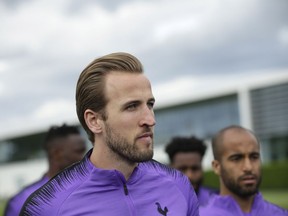 Tottenham's Harry Kane after finishing the Tottenham Hotspur soccer team media open day training session, in London, Monday, May 27, 2019, ahead of their Champions League Final against Liverpool on Saturday in Madrid.
