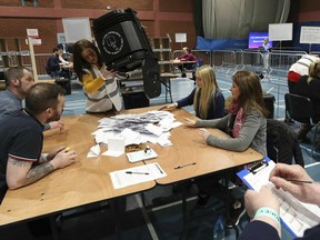 Counting of ballots begins in the Northern Ireland local elections as at Coleraine Leisure centre in County Londonderry, Friday May 3, 2019. Elections were held Thursday for more than 8,000 seats on 259 local authorities across England -- although not in London -- and Northern Ireland.