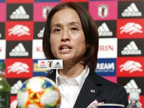 Japan's women's soccer head coach Asako Takakura names her World Cup squad during a press conference in Tokyo Friday, May 10, 2019. Takakura is going with a youthful team as the country aims to regain its winning form.