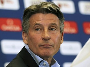FILE - In this May 2, 2019, file photo, IAAF President Sebastian Coe attends a press conference ahead of the Doha IAAF Diamond League in Doha, Qatar. Officials of track and field's world governing body - the IAAF - said before a news conference on Friday, May 10, 2019,  in Japan that president Sebastian Coe would not comment further on the landmark legal case involving two-time Olympic gold-medal winner Caster Semenya.