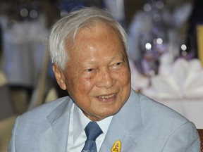 FILE - In this Nov. 11, 2014 file photo, former Prime Minister Prem Tinsulanonda attends a charity function in Bangkok, Thailand. Prem Tinsulanonda, one of Thailand's most influential political figures over four decades who served as army commander, prime minister and adviser to the royal palace, has died at age 98. Thai media reported he died Sunday morning, May 26, 2019, in a Bangkok hospital, and an official announcement is expected.