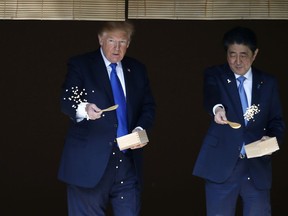 FILE - In this Nov. 6, 2017, file photo, U.S. President Donald Trump, left, and Japanese Prime Minister Shinzo Abe feed carp before their working lunch at Akasaka Palace in Tokyo. Trump's Japan visit starting on Saturday, May 25, 2019, is to focus on personal ties with Abe rather than substantive results on trade, security or North Korea.