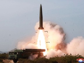 This May 4, 2019, file photo provided by the North Korean government shows a launch of a missile in the east coast of North Korea.