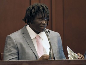 Emanuel Kidega Samson testifies in his own defense Wednesday, May 22, 2019, in Nashville, Tenn. Samson is accused of fatally shooting a woman and wounding seven people at a Nashville church in 2017. Prosecutors have said they're seeking life without parole for Samson.