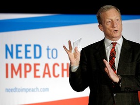 n this March 13, 2019, photo, billionaire investor and Democratic activist Tom Steyer speaks during a "Need to Impeach" town hall event in Agawam, Mass. Steyer claims that President Donald Trump meets the criteria for impeachment. Rising disagreement among congressional Democrats over whether to pursue impeachment of President Donald Trump has had little effect on the party’s presidential candidates, who mostly are avoiding calls to start such an inquiry.