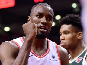 Toronto Raptors centre Serge Ibaka celebrates during Game 4 of the NBA Eastern Conference final against the Milwaukee Bucks in Toronto on May 21, 2019.