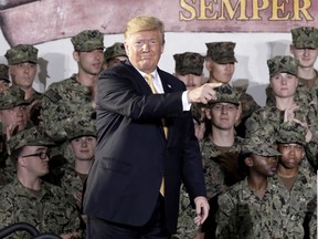 ald Trump gestures after addressing U.S. military personnel on board the USS Wasp aircraft carrier at the U.S. naval base in Yokosuka, Kanagawa Prefecture, Japan, on Tuesday, May 28, 2019. Trump told U.S. troops stationed in Japan he plans to order traditional steam powered catapults aboard American warships instead of newer electromagnetic systems that he said may not work as well during wartime.
