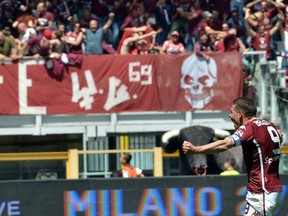 Torino's Andrea Belotti celebrates after scoring during the Serie A soccer match between Torino and Sassuolo at the Olimpyc stadium in Turin, Italy, Sunday, May 12, 2019.