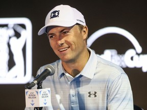 Jordan Spieth speaks to members of the media during a press conference for the Byron Nelson golf tournament in Dallas, Wednesday, May 8, 2019.