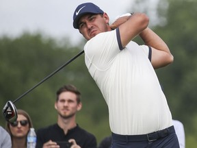 Brooks Koepka tees off on the first hole during the first round of the Byron Nelson golf tournament Thursday, May 9, 2019, at Trinity Forest in Dallas.