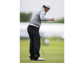 Sung Kang reacts after sinking a putt on the 18th during the second round of the Byron Nelson golf tournament at Trinity Forest on Friday, May 10, 2019, in Dallas.