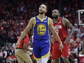 Golden State Warriors guard Stephen Curry (30) walks upcourt after a play during the second half in Game 6 of the team's second-round NBA basketball playoff series against the Houston Rockets, Friday, May 10, 2019, in Houston. Golden State won 118-113, winning the series.
