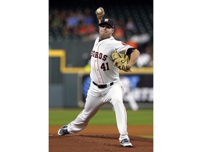Houston Astros starting pitcher Brad Peacock (41) throws against the Kansas City Royals during the first inning of a baseball game, Wednesday, May 8, 2019, in Houston.