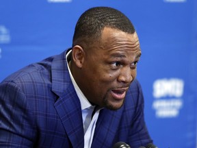 Retired MLB baseball player Adrian Beltre responds to questions at a news conference during the SMU Athletic Forum in Dallas, Wednesday, May 15, 2019.