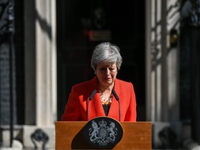 Theresa May, U.K. Prime Minister, reacts as she delivers a speech announcing her resignation outside 10 Downing Street in London, U.K., on Friday, May 24, 2019.