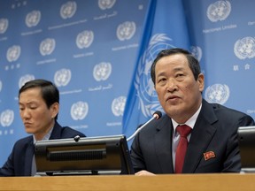 North Korea's U.N. Ambassador Kim Song addresses attendees during a news conference at U.N. headquarters Tuesday, May 21, 2019.