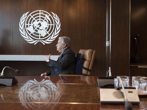 United Nations Secretary-General Antonio Guterres speaks during an interview at United Nations headquarters on Tuesday, May 7, 2019. Guterres said the world has to change, not in small incremental ways but in big "transformative" ways into a green economy with electric vehicles and "clean cities" because the alternative "would mean a catastrophic situation for the whole world."