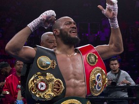 Julian Williams celebrates after defeating Jarrett Hurd for the IBF, WBA and IBO super welterweight boxing titles in Fairfax, Va., Saturday, May 11, 2019. Williams won by unanimous decision.