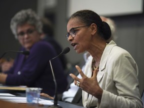 Former Environment Minister Marina Silva speaks to reporters in Sao Paulo, Brazil, Wednesday, May 8, 2019. Eight former environmental ministers presented a joint letter denouncing the administration of President Jair Bolsonaro.