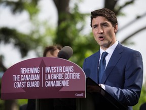 Prime Minister Justin Trudeau speaks after announcing the government plans to build up to 18 new coast guard ships, in Vancouver, on Wednesday May 22, 2019.