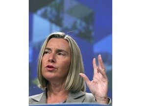 European Union foreign policy chief Federica Mogherini speaks during a media conference on the EU enlargement Package 2019 at EU headquarters in Brussels, Wednesday, May 29, 2019. The European Union says Turkey continues to distance itself from the bloc and its values and sees no reason to unblock the country's EU membership talks.