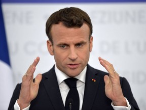 French President Emmanuel Macron speaks during a media conference at an EU summit in Sibiu, Romania, Thursday, May 9, 2019. European Union leaders on Thursday start to set out a course for increased political cooperation in the wake of the impending departure of the United Kingdom from the bloc.