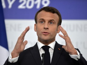 French President Emmanuel Macron speaks during a media conference at an EU summit in Sibiu, Romania, Thursday, May 9, 2019. European Union leaders on Thursday start to set out a course for increased political cooperation in the wake of the impending departure of the United Kingdom from the bloc.