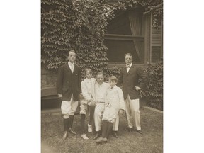 In this 1907 photo provided by the Library of Congress, Theodore Roosevelt, center, poses with his sons, from left to right Kermit Roosevelt, Archibald Roosevelt, Quentin Roosevelt, and Theodore Roosevelt, Jr. President Trump and his French counterpart Emmanuel Macron will next week honor the dwindling number of veterans of the D-Day landing that turned World War II amid plenty of signs the bonds of friendship are under strain. The United States has had a special bond with France throughout its history and especially during two world wars over the past century when even future presidents and sons of presidents risked their lives for the freedom of a friendly nation. (Library of Congress via AP)