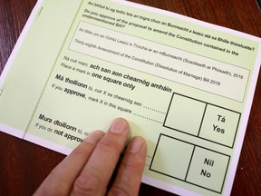 A voter's ballot paper to be used in Ireland's 2019 referendum on changing the current Dissolution of Marriage bill (divorce bill), is pictured at a polling station in Dublin on May 24, 2019, as voting continues in the European Elections, and in Ireland's Local Elections and the Divorce Referendum, all being held concurrently.