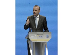 Germany's Manfred Weber of the European People's Party addresses the audience at Bulgaria's GERB ruling Party rally in Sofia, Bulgaria, Sunday, May 19, 2019. The rally comes days before more than 400 million Europeans from 28 countries will head to the polls to choose lawmakers to represent them at the European Parliament for the next five years. (AP Photo/Valentina Petrova)